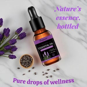 Può includere: Una bottiglia di vetro marrone di olio essenziale di lavanda con un contagocce nero, etichettata "Fragrant Natural Essential Oil Lavender Fragrant". L'immagine include rametti di lavanda viola, una piccola ciotola di legno con semi scuri e il testo "Nature's essence, bottled."