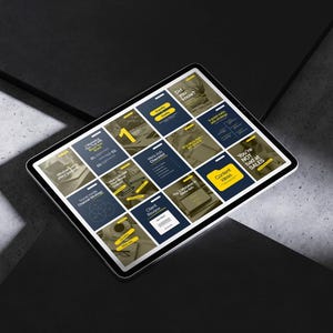 iPad mockup displaying Canva social media templates for marketers and personal branding – navy blue and yellow Instagram post designs with marketing quotes, content ideas, and client reviews on a modern concrete background.