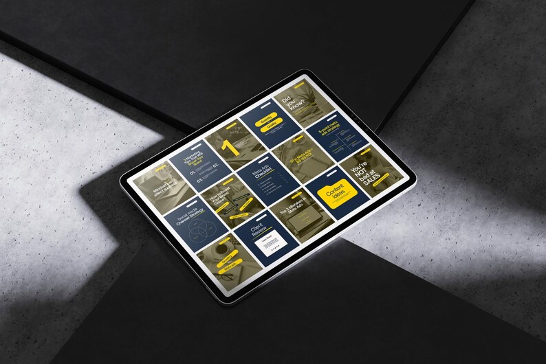 iPad mockup displaying Canva social media templates for marketers and personal branding – navy blue and yellow Instagram post designs with marketing quotes, content ideas, and client reviews on a modern concrete background.