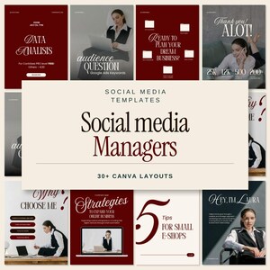 May include: A collection of social media templates for managers featuring over 30 Canva layouts. The design uses a deep red and cream color palette with elegant typography, showcasing various business-themed graphics and text overlays.