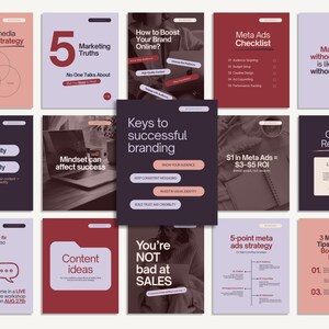 May include: A collection of marketing-themed cards with text and graphics. Topics include social media strategy, marketing truths, branding, and meta ads. The color palette includes shades of pink, purple, and white.