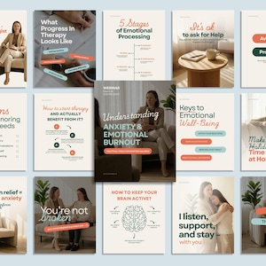 May include: A series of posters with text and images, focusing on mental health and therapy. The posters include titles like "Understanding Anxiety & Emotional Burnout", "5 Stages of Emotional Processing", and "It's ok to ask for Help".