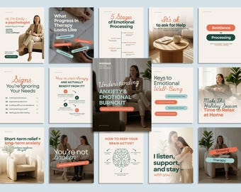 Therapy Psychoeducation Instagram and LinkedIn Templates | Anxiety & Emotional Processing Canva Bundle