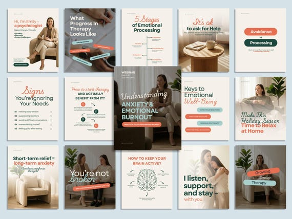 Therapy Psychoeducation Instagram and LinkedIn Templates | Anxiety & Emotional Processing Canva Bundle