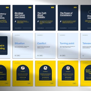 May include: A collection of marketing-themed cards with text like "Consistency Over Creativity" and "Big ideas don't grow your brand." The cards feature a dark blue and yellow color scheme, with some including testimonials and star ratings.