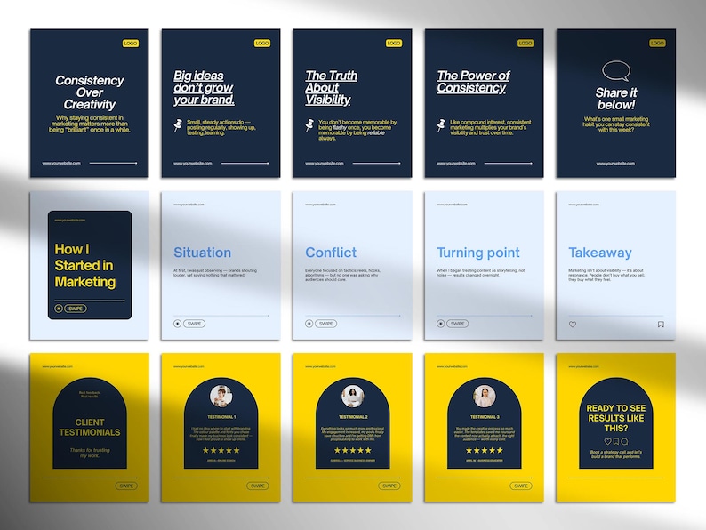 May include: A collection of marketing-themed cards with text like "Consistency Over Creativity" and "Big ideas don't grow your brand." The cards feature a dark blue and yellow color scheme, with some including testimonials and star ratings.