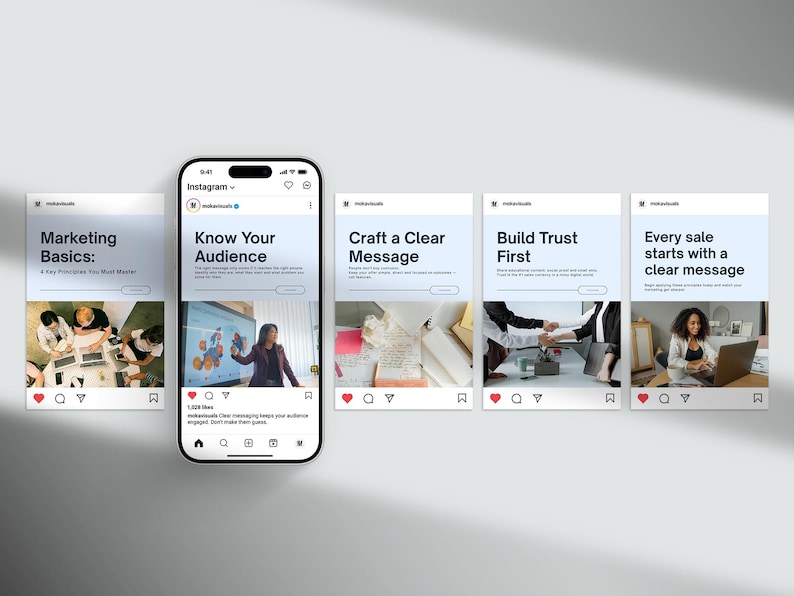 May include: A smartphone displays an Instagram feed with four posts about marketing. The posts feature text like "Marketing Basics" and "Know Your Audience." Each post includes an image and a caption. The phone is on a light gray surface.