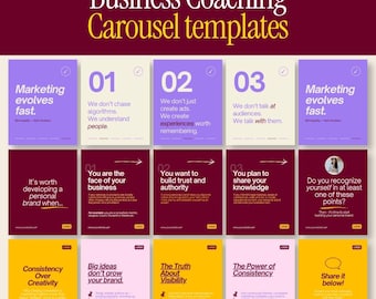 May include: A collection of fifteen square social media carousel templates for business coaching. The designs feature a color palette of purple, cream, dark red, pink, and yellow, with text including Marketing evolves fast, 01, 02, 03, and Logo.