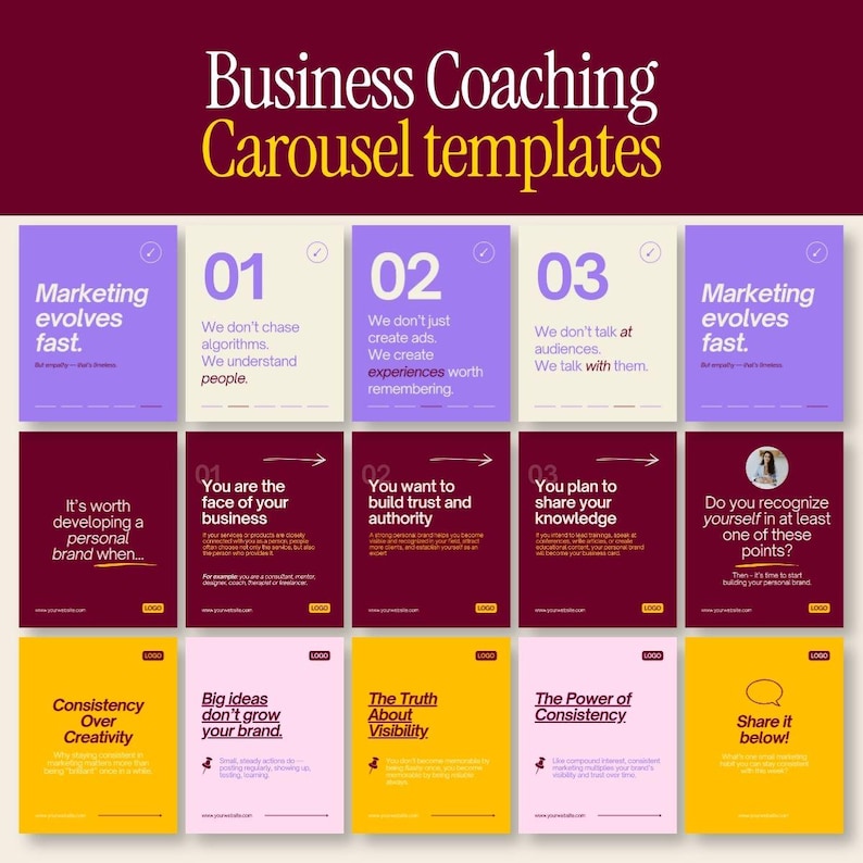 May include: A collection of fifteen square social media carousel templates for business coaching. The designs feature a color palette of purple, cream, dark red, pink, and yellow, with text including Marketing evolves fast, 01, 02, 03, and Logo.