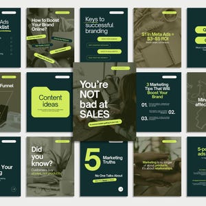 May include: A collection of marketing-related infographics on a dark teal background. The graphics feature text and illustrations on topics like Meta Ads, branding, and sales strategies. Each graphic has a white header and a lime green accent color.