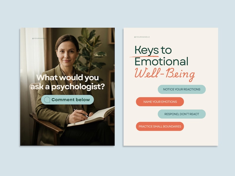 May include: Two images. The first shows a woman in a blazer, holding a notebook, with the text "What would you ask a psychologist? Comment below." The second image lists "Keys to Emotional Well-Being" with four points.