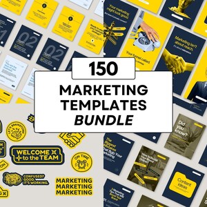 May include: A bundle of 150 marketing templates. The image features a variety of templates in yellow and navy blue, with text such as "Marketing isn't about reach" and "Content ideas." Also included are several stickers with marketing-related phrases.