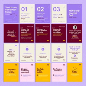 May include: A collection of twenty square social media graphics arranged in a grid, featuring various marketing-themed text, numbered lists, and instructional content in purple, maroon, cream, and yellow color palettes with a consistent layout.