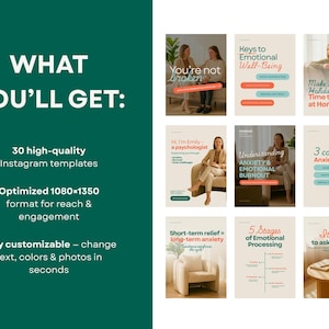 May include: A promotional image with a dark green background and white text that reads "WHAT YOU'LL GET:" followed by a list of features. The image also showcases 9 Instagram templates with various themes and text overlays.