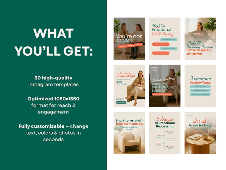 May include: A promotional image with a dark green background and white text that reads "WHAT YOU'LL GET:" followed by a list of features. The image also showcases 9 Instagram templates with various themes and text overlays.
