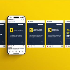 Canva Instagram carousel templates for marketing – navy blue and yellow social media post designs highlighting the biggest mistakes in marketing such as unclear messaging, lack of strategy, and not analyzing results, shown on an iPhone with yellow background.