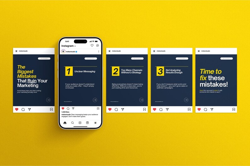 Canva Instagram carousel templates for marketing – navy blue and yellow social media post designs highlighting the biggest mistakes in marketing such as unclear messaging, lack of strategy, and not analyzing results, shown on an iPhone with yellow background.