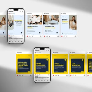 May include: A mockup of a smartphone and several Instagram posts. The posts feature text on a yellow and blue background, including "Successful Strategy", "Why do most businesses struggle?", and "Start Today!". The posts are related to social media marketing.