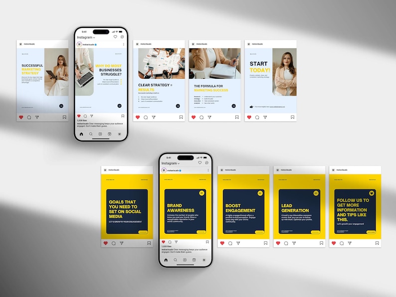 May include: A mockup of a smartphone and several Instagram posts. The posts feature text on a yellow and blue background, including "Successful Strategy", "Why do most businesses struggle?", and "Start Today!". The posts are related to social media marketing.