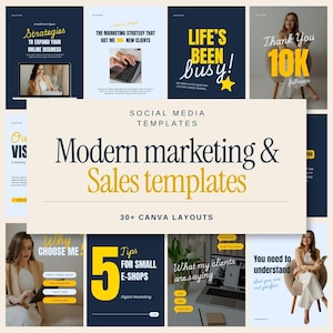 Peut inclure: Une collection de modèles pour réseaux sociaux dédiés au marketing et à la vente, comprenant plus de 30 mises en page Canva. Les designs utilisent une palette de bleu marine, blanc et jaune avec une typographie grasse et des photos.