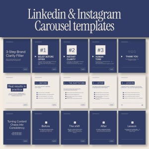 Könnte beinhalten: Eine Sammlung von LinkedIn- und Instagram-Karussell-Vorlagen in einem dunkelblauen und cremefarbenen Farbschema. Die Designs enthalten Textlayouts für Markenklärung, Inhaltsstrategien und Bildungsschritte mit klaren Überschriften.
