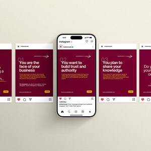 May include: A smartphone displaying an Instagram carousel post with five slides on a maroon background. The text includes "It's worth developing a personal brand when...", "You are the face of your business", "You want to build trust and authority", "You plan to share your knowledge", and "Do you recognize yourself in at least one of these points?"