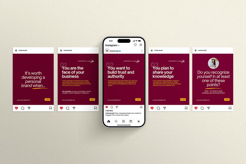 May include: A smartphone displaying an Instagram carousel post with five slides on a maroon background. The text includes "It's worth developing a personal brand when...", "You are the face of your business", "You want to build trust and authority", "You plan to share your knowledge", and "Do you recognize yourself in at least one of these points?"