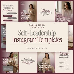 以下が含まれることがあります： Self-Leadership Instagram Templatesと題された、Instagram用の30種類のソーシャルメディアテンプレート集。レイアウトはニュートラルなカラーパレットとダークカラーのテキストで構成されており、「Emotional Mastery in Business」、「Clarity comes before growth」、「5 Stages of Strategic Leadership」といったフレーズや、ベージュのスーツを着た専門家の画像が含まれています。
