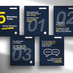 May include: A collection of five navy blue marketing cards with white text and yellow accents. The cards feature bold numbers, headlines, and calls to action. The cards promote a live interactive workshop on August 27th.