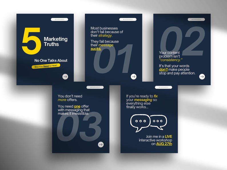 May include: A collection of five navy blue marketing cards with white text and yellow accents. The cards feature bold numbers, headlines, and calls to action. The cards promote a live interactive workshop on August 27th.