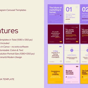 May include: A set of 20 digital social media carousel templates for LinkedIn and Instagram. The templates feature various color blocks in purple, maroon, cream, yellow, and pink, with text layouts including numbered lists and marketing headers.