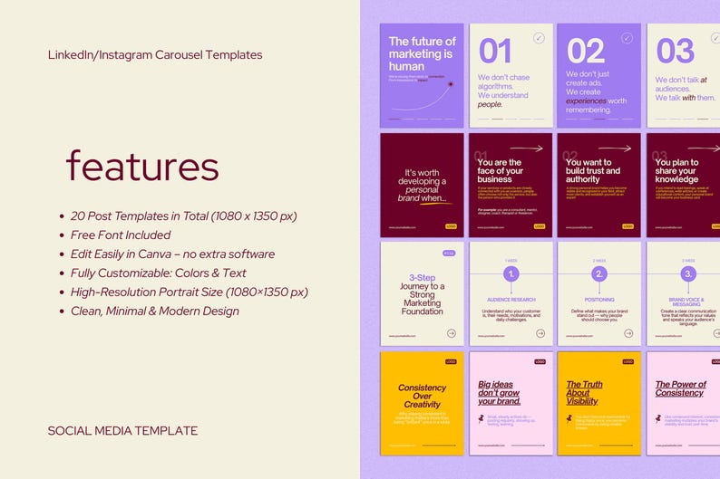 May include: A set of 20 digital social media carousel templates for LinkedIn and Instagram. The templates feature various color blocks in purple, maroon, cream, yellow, and pink, with text layouts including numbered lists and marketing headers.