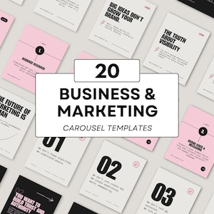 May include: A collection of 20 business and marketing carousel templates. The templates are in a minimalist style, with a mix of black, white, and pink backgrounds. Each card features text and simple graphics.