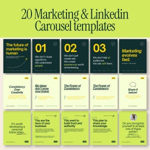 May include: A collection of 20 marketing and LinkedIn carousel templates featuring a lime green and dark green color scheme. The designs include various text layouts, numbered lists, and motivational phrases about branding, marketing, and business growth.