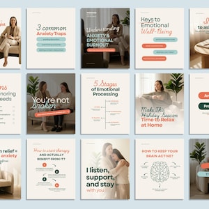 May include: A series of cards with titles such as "Understanding Anxiety & Emotional Burnout," "You're Not Broken," and "Keys to Emotional Well-Being." The cards contain text, illustrations, and images related to mental health and therapy.