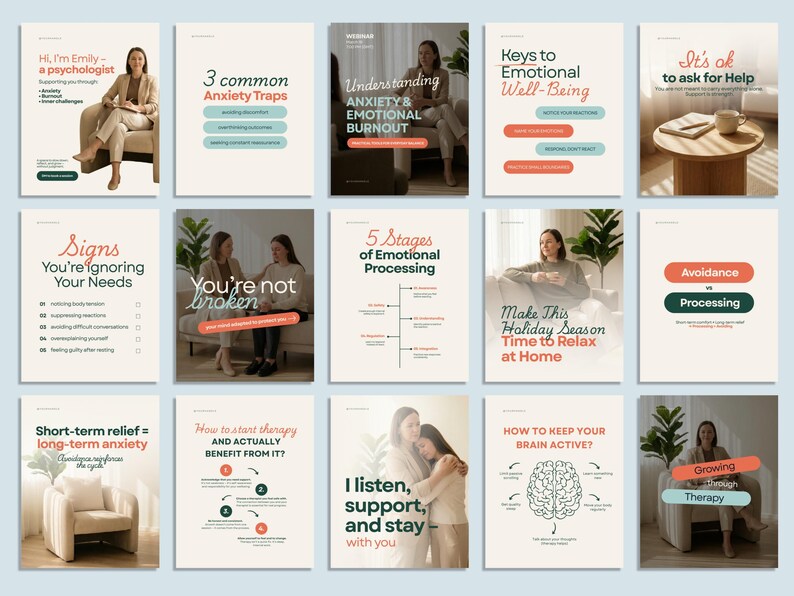 May include: A series of cards with titles such as "Understanding Anxiety & Emotional Burnout," "You're Not Broken," and "Keys to Emotional Well-Being." The cards contain text, illustrations, and images related to mental health and therapy.