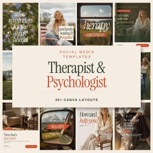 Könnte beinhalten: Eine Sammlung von Social-Media-Vorlagen für Therapeuten und Psychologen mit über 30 Canva-Layouts. Die Anzeige umfasst verschiedene Designs mit Textüberlagerungen wie a few reminders for the week ahead, therapy und wellness.