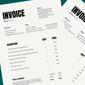 May include: Two invoices on a teal background. The invoices are white with black text, including the word "INVOICE" at the top. The invoices list services such as website design, social media banners, and brand identity.