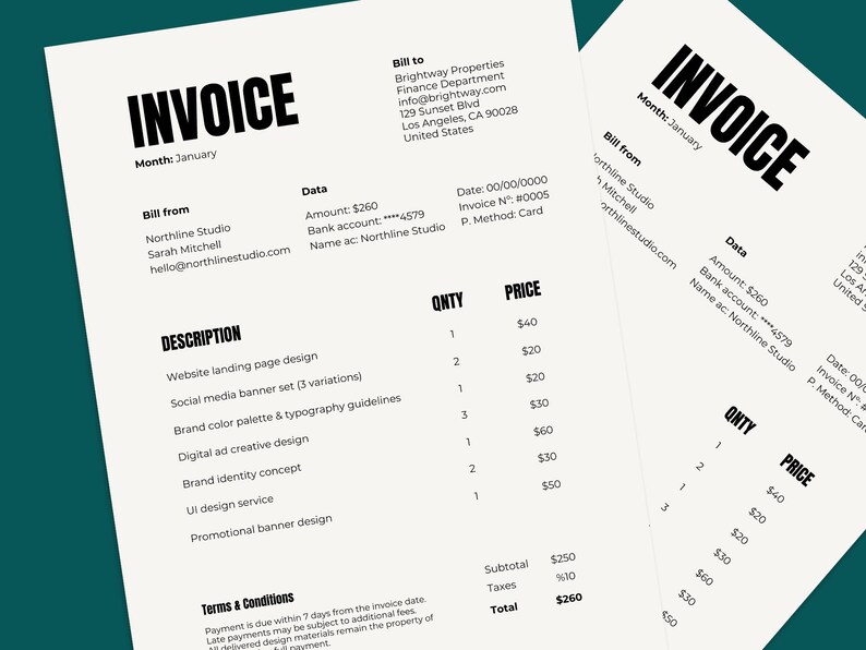 May include: Two invoices on a teal background. The invoices are white with black text, including the word "INVOICE" at the top. The invoices list services such as website design, social media banners, and brand identity.