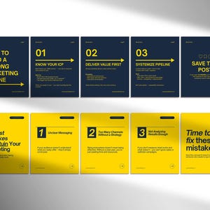 May include: A series of marketing-themed graphics. The top row features navy blue cards with white text, including "How to Build a Strong Marketing Engine." The bottom row has yellow cards with black text, such as "The Biggest Mistakes That Ruin Your Marketing."
