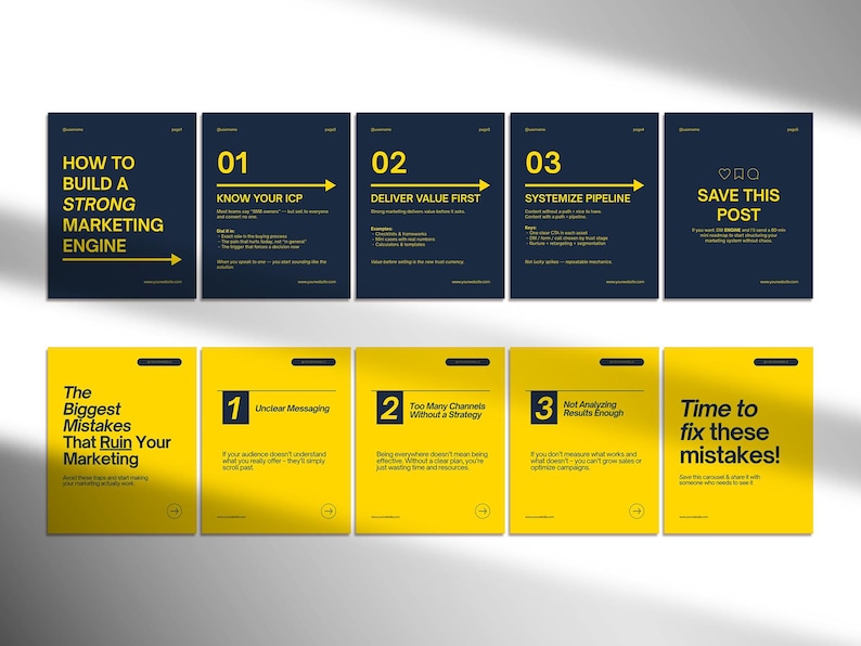 May include: A series of marketing-themed graphics. The top row features navy blue cards with white text, including "How to Build a Strong Marketing Engine." The bottom row has yellow cards with black text, such as "The Biggest Mistakes That Ruin Your Marketing."