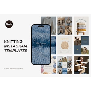 May include: A promotional image for knitting-themed Instagram templates. The image features a smartphone displaying a blue knitted texture with "The Knitting Shop" text. Additional squares showcase knitted sweaters, yarn, and lifestyle photos.