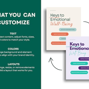 May include: A design guide highlighting customisation options. Text includes "What You Can Customize" with sections for text, colours, and layouts. Two examples of "Keys to Emotional Well-Being" are displayed with varied colour palettes.