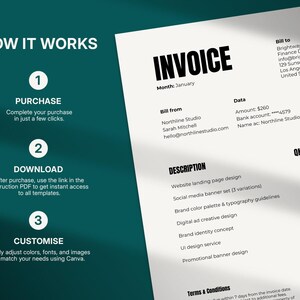 May include: An invoice document with the word "INVOICE" in bold black font. The invoice includes details such as the month, bill from, bill to, data, description, quantity, and price. The document also includes the steps to purchase, download, and customize.