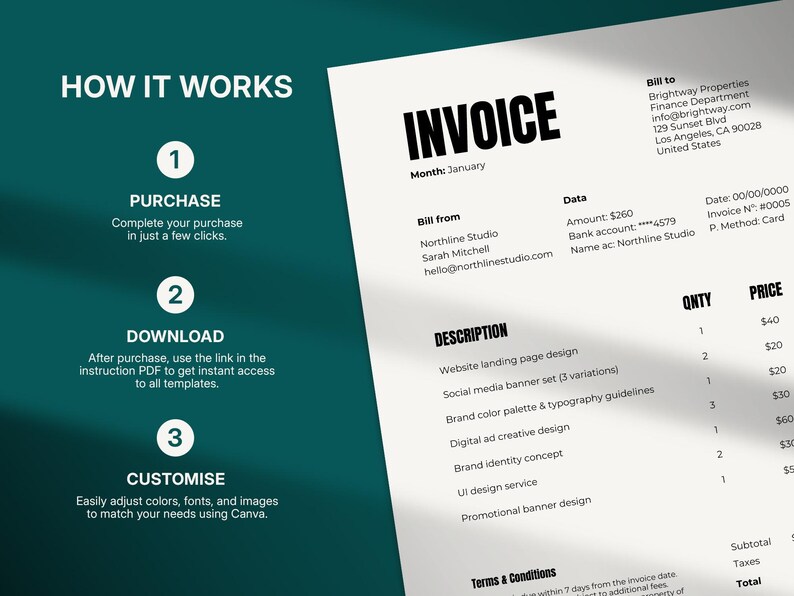 May include: An invoice document with the word "INVOICE" in bold black font. The invoice includes details such as the month, bill from, bill to, data, description, quantity, and price. The document also includes the steps to purchase, download, and customize.