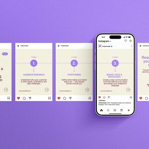 May include: A smartphone displaying an Instagram feed featuring a five-slide carousel post with a light beige background and purple text. The slides outline a 3-step marketing foundation journey, including audience research, positioning, and brand voice.