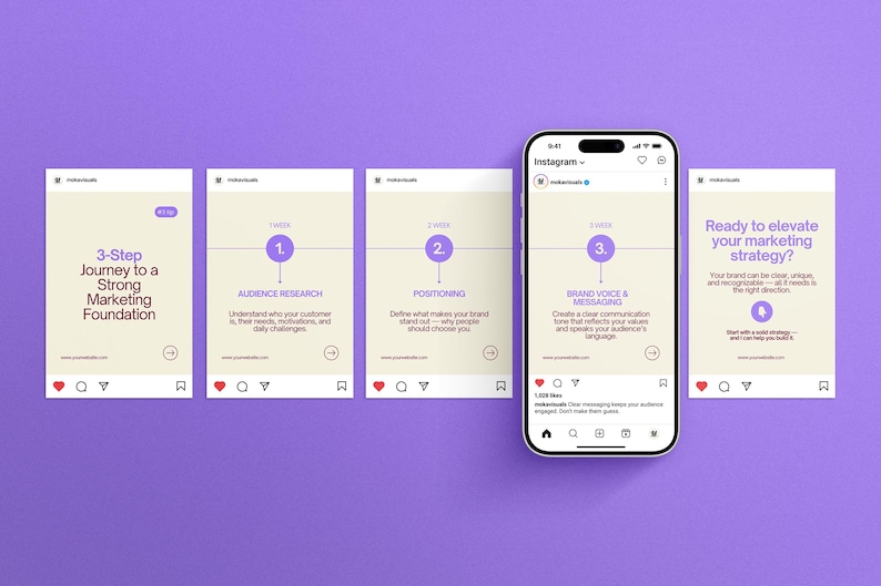 May include: A smartphone displaying an Instagram feed featuring a five-slide carousel post with a light beige background and purple text. The slides outline a 3-step marketing foundation journey, including audience research, positioning, and brand voice.