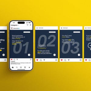 Canva Instagram carousel templates for marketing and branding – modern navy blue and yellow social media post designs with marketing truths, messaging tips, and business strategy quotes, shown on an iPhone and yellow background.