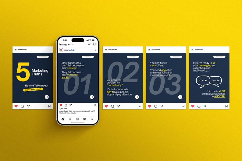 Canva Instagram carousel templates for marketing and branding – modern navy blue and yellow social media post designs with marketing truths, messaging tips, and business strategy quotes, shown on an iPhone and yellow background.