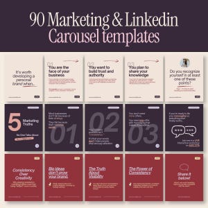 Pode incluir: Uma coleção de 90 modelos de carrossel de marketing e LinkedIn com vários designs de slides em bege, roxo escuro e vermelho. O texto inclui títulos como 5 Marketing Truths, Consistency Over Creativity e The Power of Consistency.
